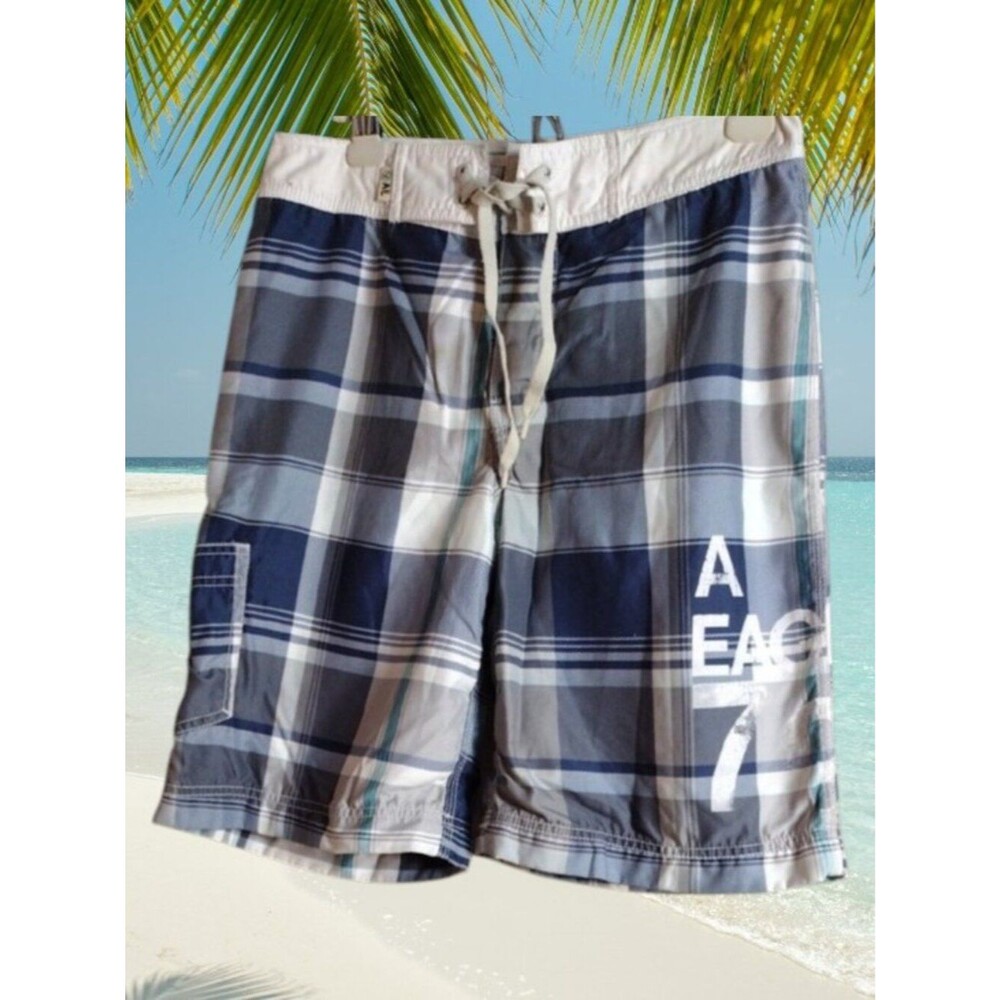 American Eagle Outfitters Navy and White Plaid Swim Board Shorts Size 28